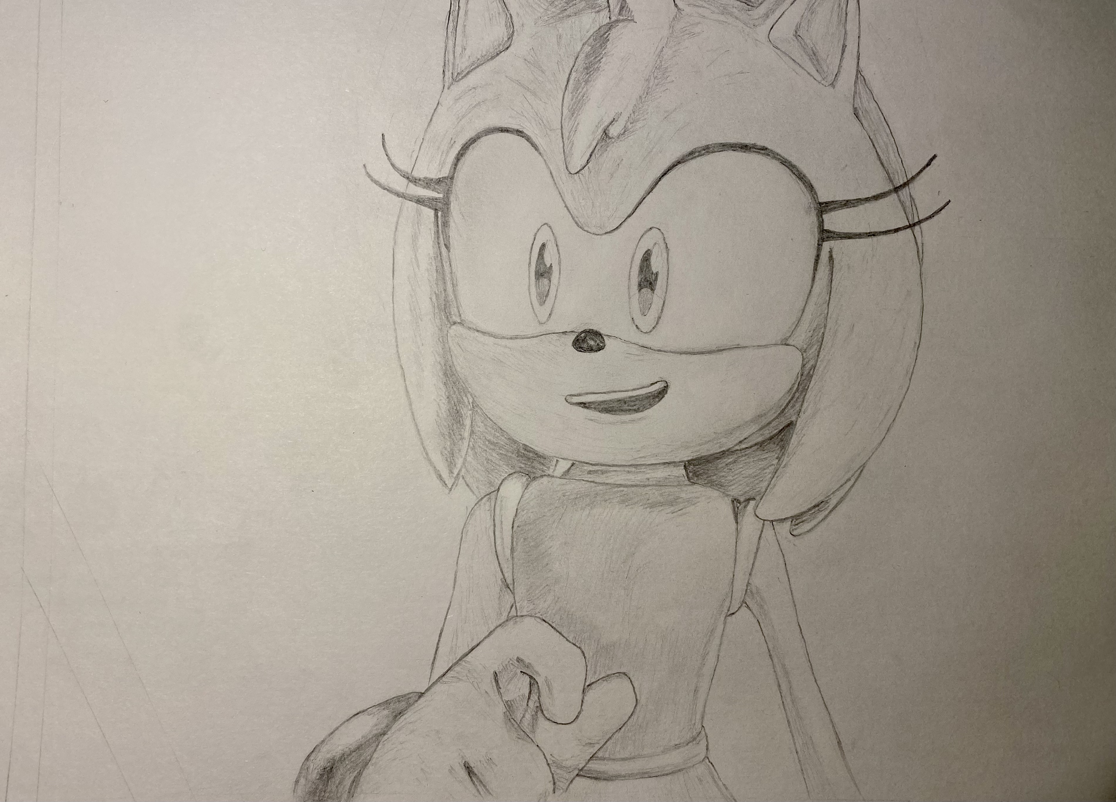 Pencil redraw of Amy Rose from Sonic Prime. She lifts a hand and smiles as she looks off-camera.