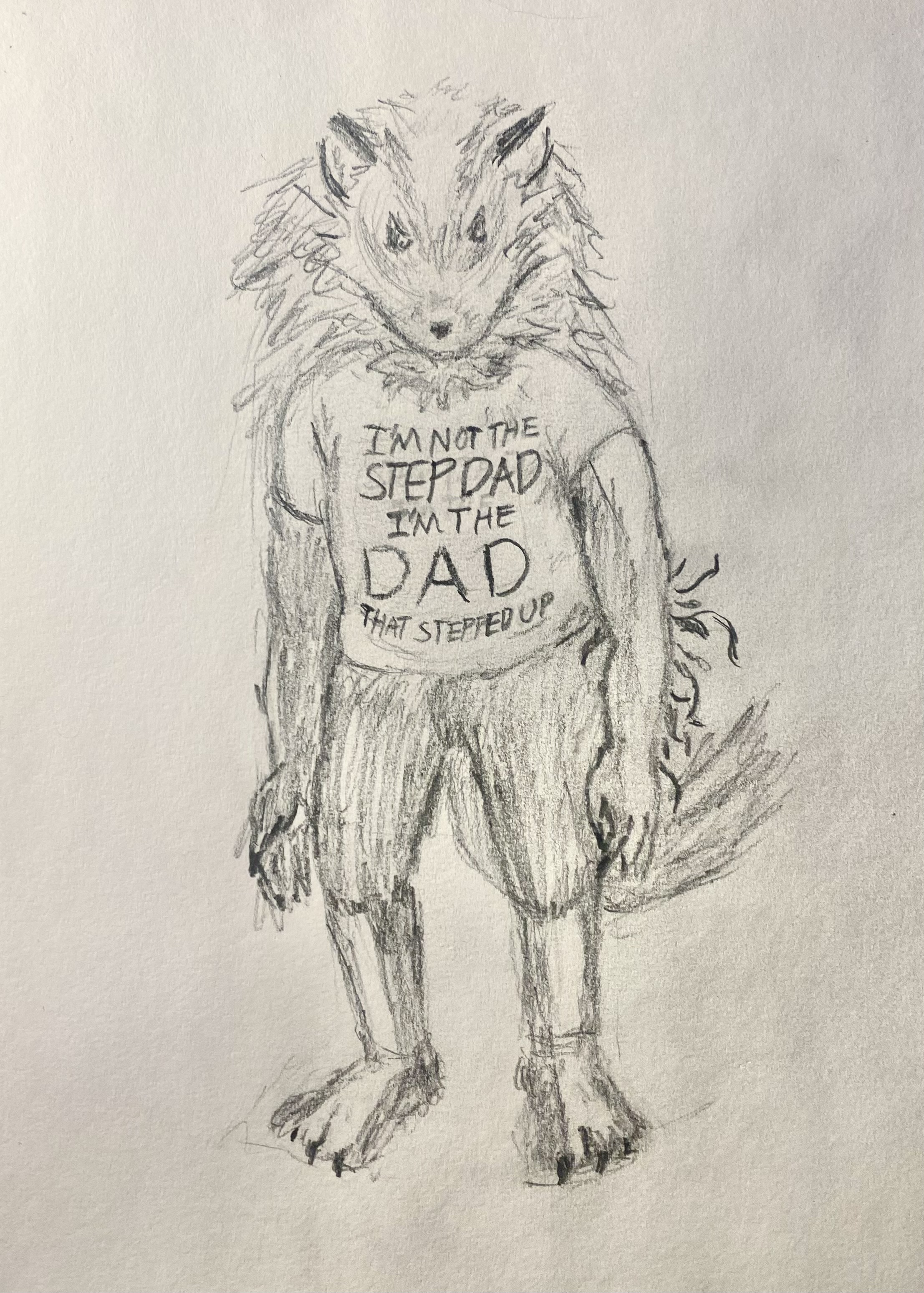 Pencil sketch of an cryptid version of Shadow the Hedgehog, with a bushy tail and tendrils on his back, wearing a shirt saying 