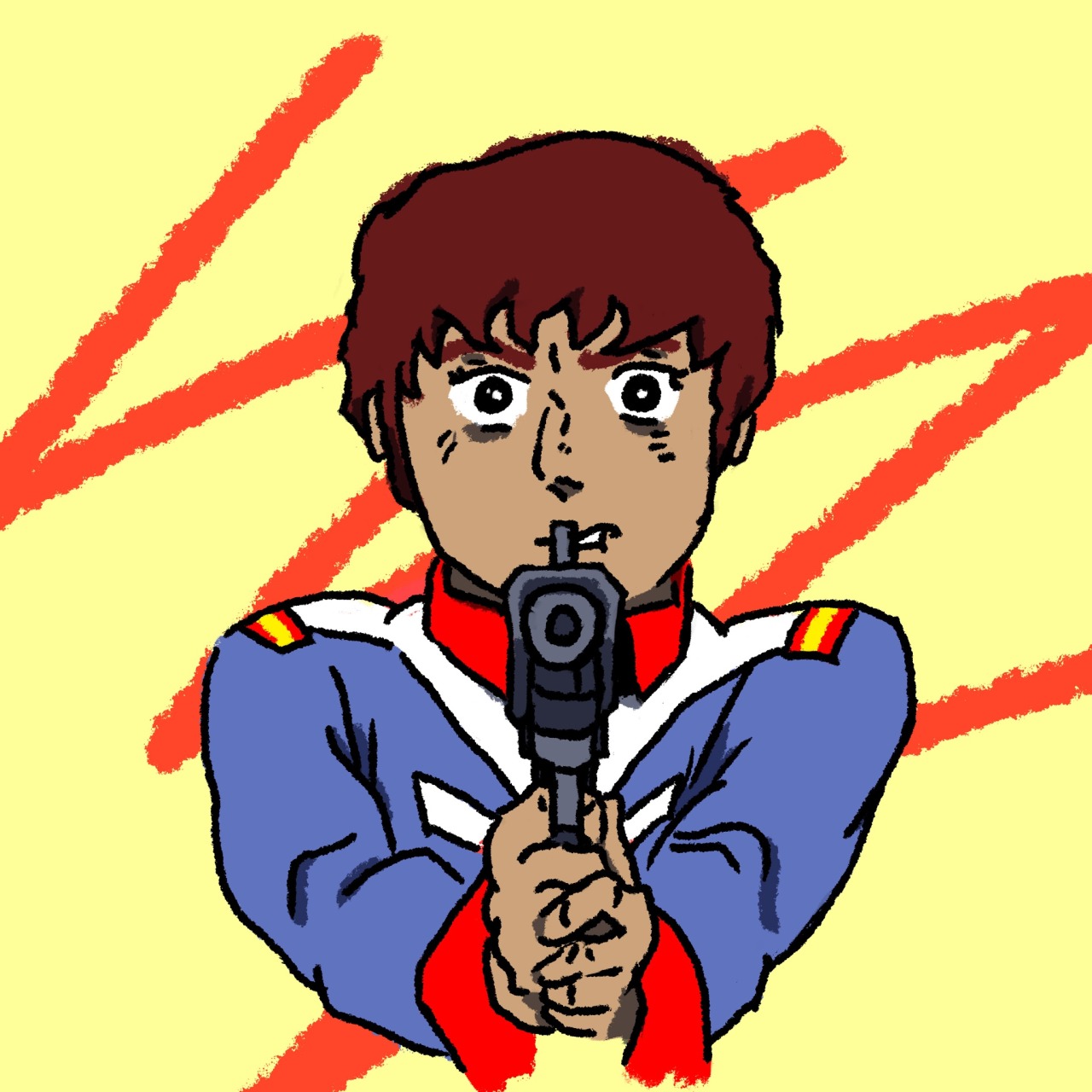 A digital drawing of Amuro from Mobile Suit Gundam. He wears his uniform from season one and aims a gun with a determined expression but wide, horrified eyes.