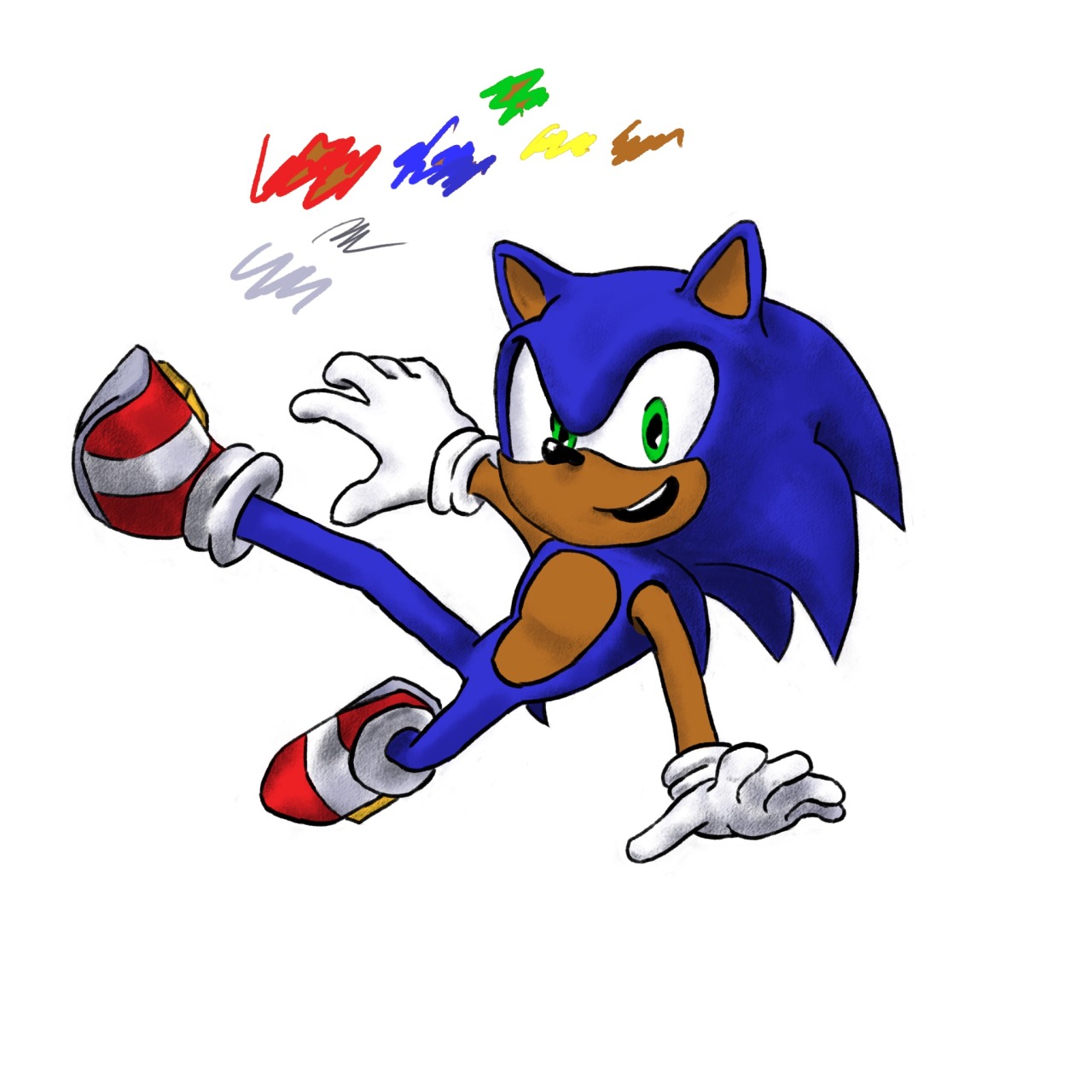 Digital redraw of a Sonic the Hedgehog render. He is mid-vault and grinning.