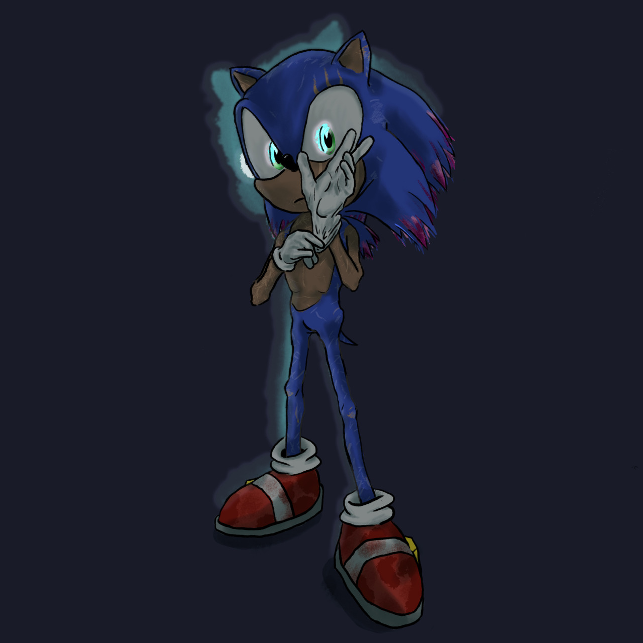 A digital drawing of Sonic the Hedgehog. He is underweight and covered in scars, particularly a set of claw marks over his left eye. He pulls on his glove as he stares ahead with a stern expression, eyes glowing light blue. There is also a light blue afterimage behind him.