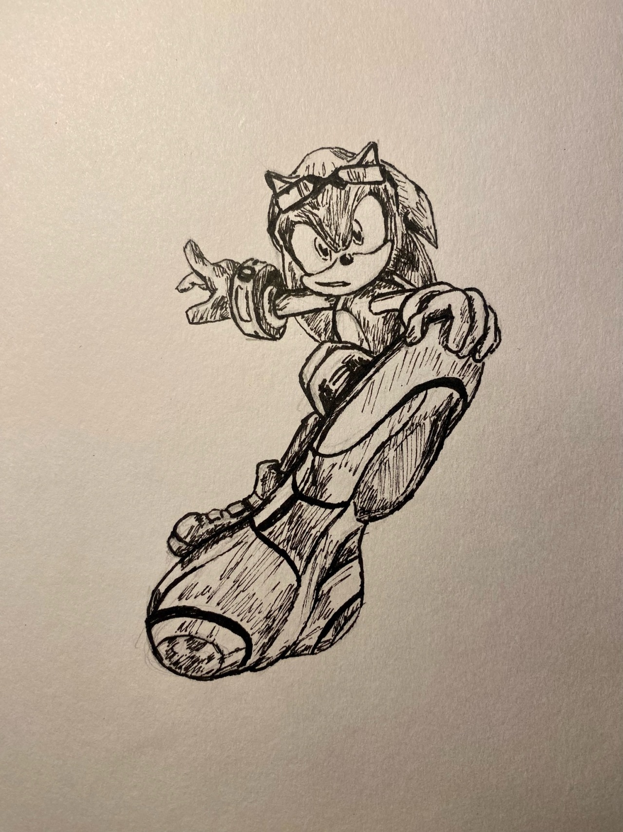 Pen redraw of Sonic the Hedgehog from Sonic Riders, doing a hover board trick and grinning.