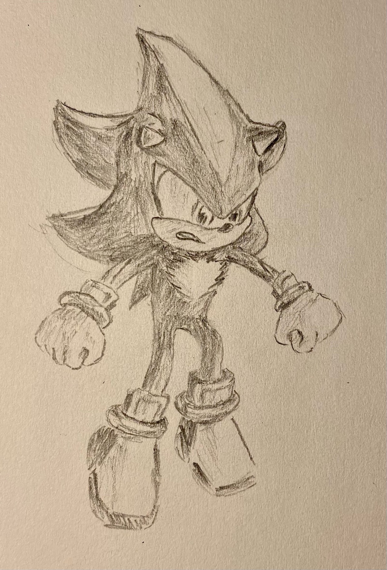 Pencil sketch of Shadow the Hedgehog from Sonic Prime. He is floating, and looks angry.