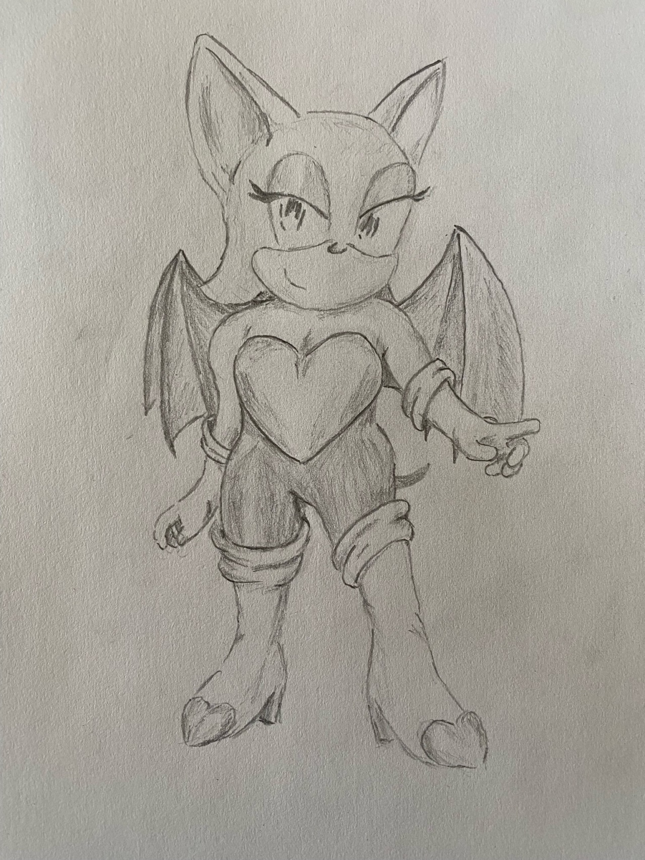 Pencil redraw of a Rouge the Bat render. She stands with one hip cocked and smirks.