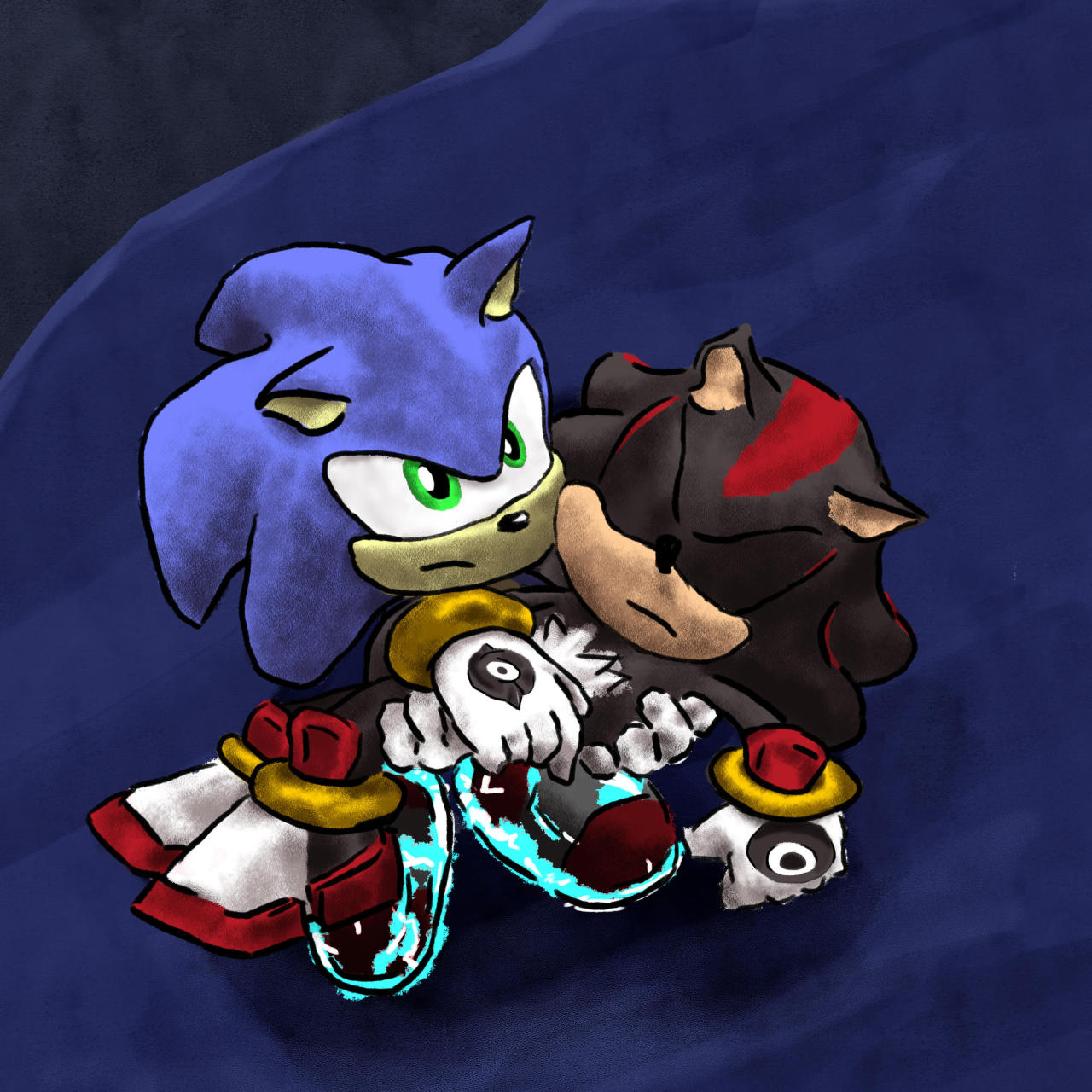 A digital redraw of a screenshot from Sonic Prime. Sonic cradles an unconscious Shadow in a bridal carry.