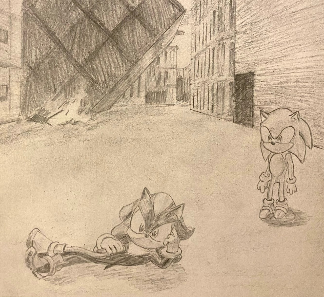 Pencil redraw of a level end-screen from the game Shadow the Hedgehog. The drawing shows a ruined city. In the foreground, Shadow the Hedgehog lies on the ground facing the camera, legs crossed and one arm lifted. Sonic stands to the side, looking at him.