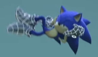 Blurred screenshot of Sonic Prime. Sonic, falling through midair, crosses his legs and leans his head on his hand as if he is lying down, with a bored look on his face.