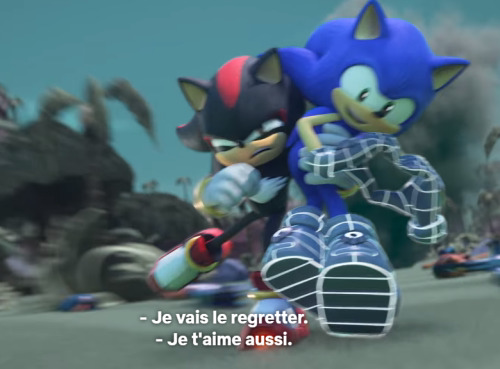 Screenshot of Sonic Prime. Shadow is carrying Sonic over his shoulder. Sonic is leaning over and makes a heart with his hands. The subtitles are in French and read: Shadow: Je vais le regetter. Sonic: Je te'aime aussi.