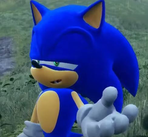 Unflattering screenshot of Sonic in Sonic Frontiers. He is mid-sentence, with one hand raised and his eyes almost closed.