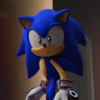 Screenshot of Sonic Prime. Sonic is turning around, looking surprised.