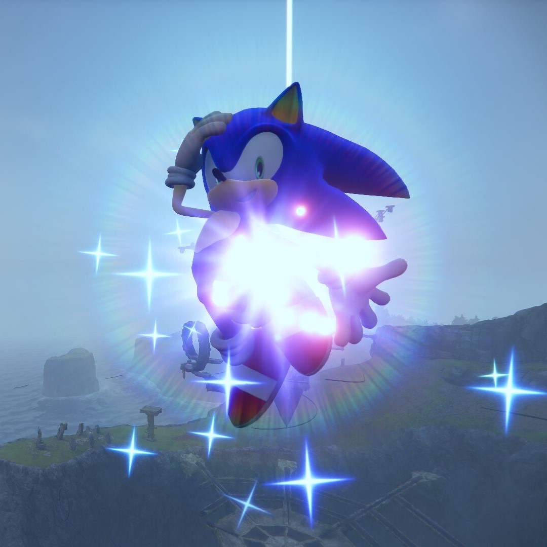 Sonic the Hedgehog (in Sonic Frontiers) surrounded by sparkles as he poses mid-air.